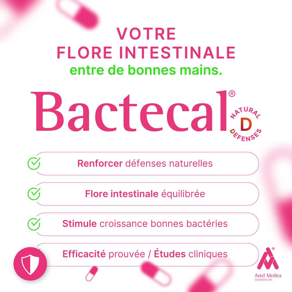 Boîte Bactecal D de 96 sachets, avec icônes pour système immunitaire et flore intestinale.