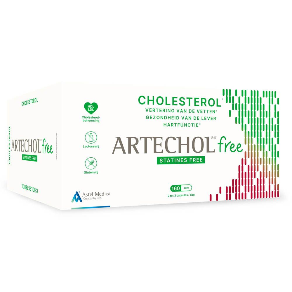Doos ARTECHOL free. Tekst: Cholesterol, vertering van vetten, gezondheid van de lever, hartfunctie. Zonder statines. 160 capsules.