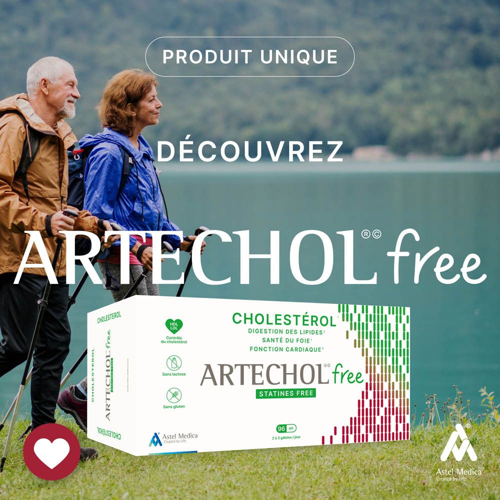 Publicité avec des randonneurs. Boîte ARTECHOL free. Texte: Cholestérol, digestion des lipides, santé du foie, fonction cardiaque.