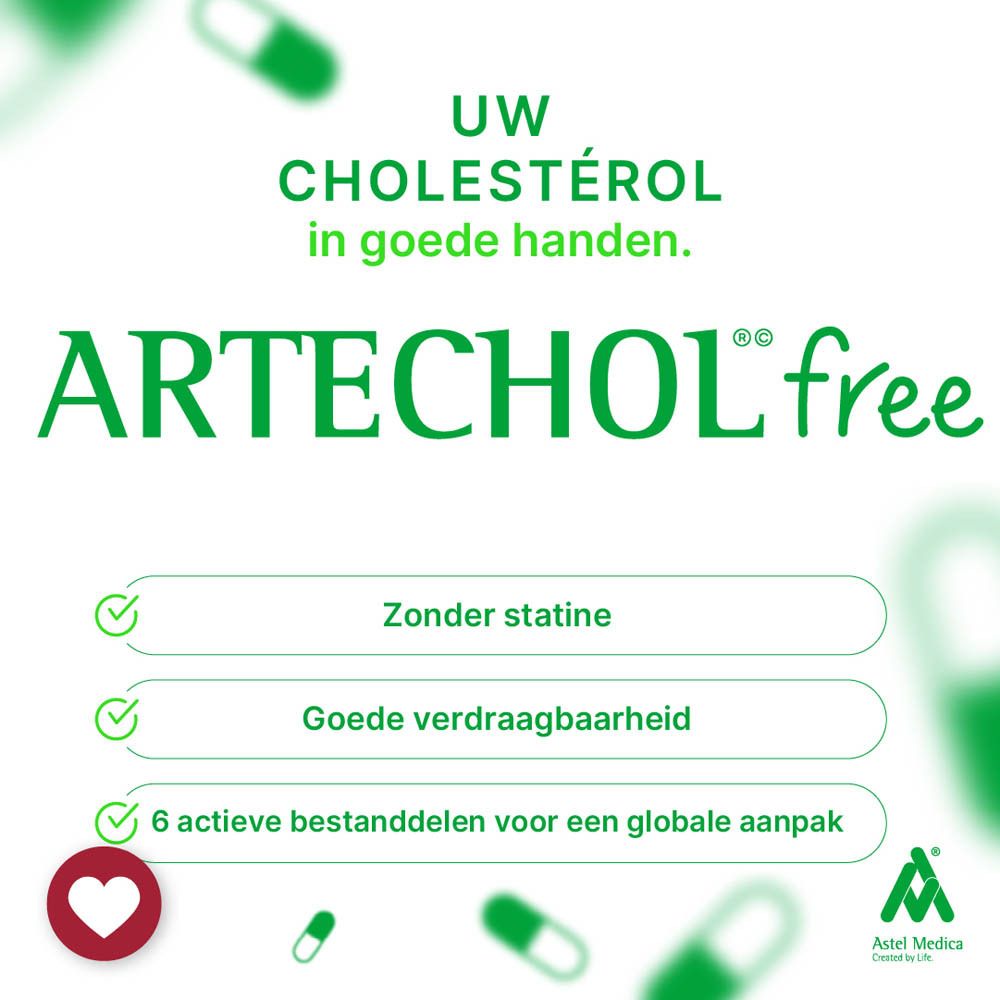 Product met tekst: Cholesterol, vertering van vetten, gezondheid van de lever, hartfunctie. Zonder statines. 5 actieve stoffen.