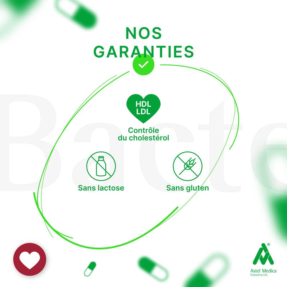 Produit avec texte: Cholestérol, digestion des lipides, santé du foie, fonction cardiaque. Sans statines. Sans lactose, sans gluten.