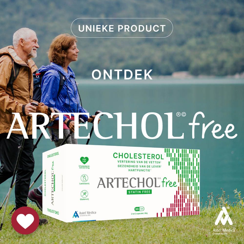 Wandelend paar. Doos ARTECHOL free. Tekst: Cholesterol, statinevrij. 96 capsules.