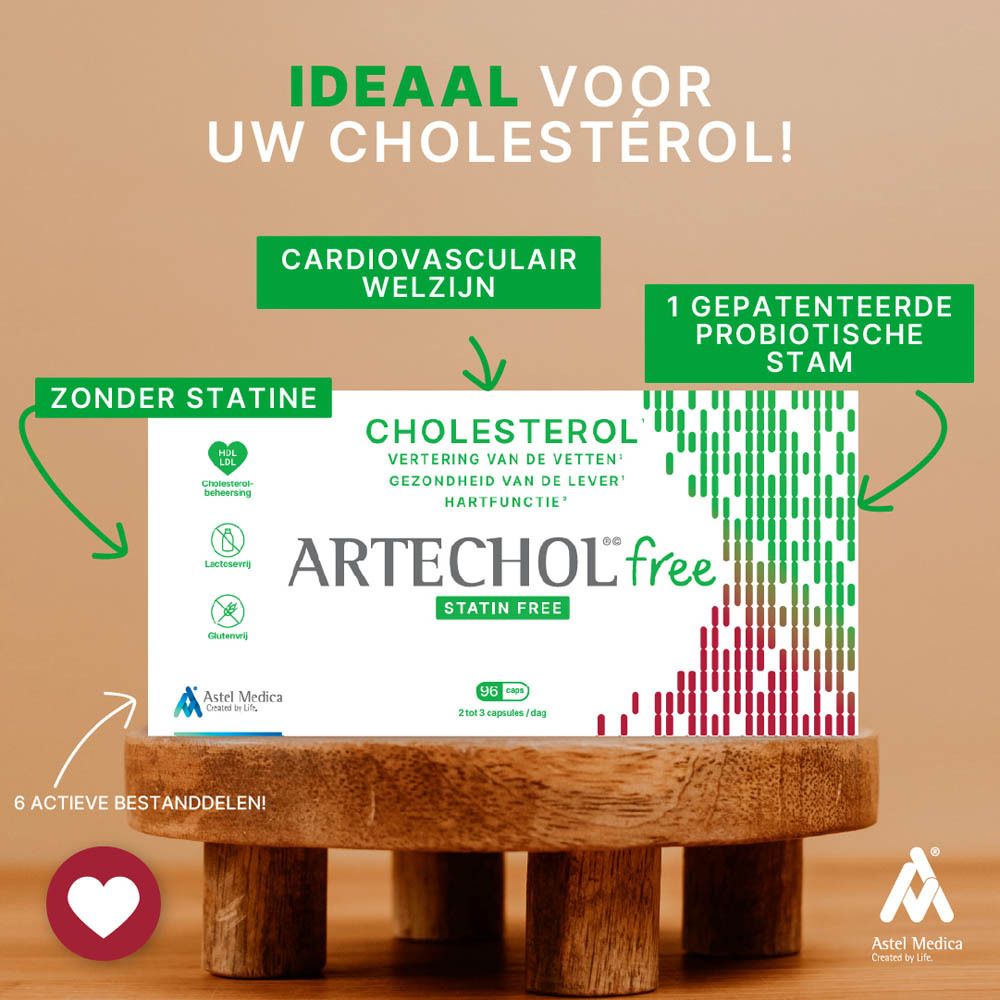 Product op houten sokkel. Doos ARTECHOL free. Tekst: Cholesterol, statinevrij. 96 capsules.