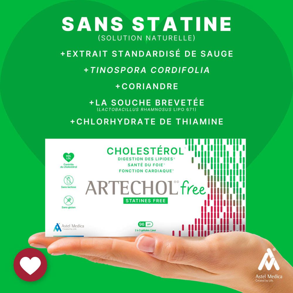Main tenant boîte ARTECHOL free. Texte : Cholestérol, sans statines. 96 gélules.