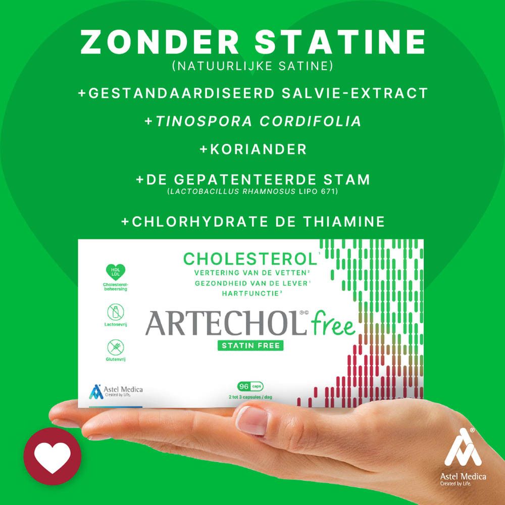 Hand houdt doos ARTECHOL free vast. Tekst: Cholesterol, statinevrij. 96 capsules.