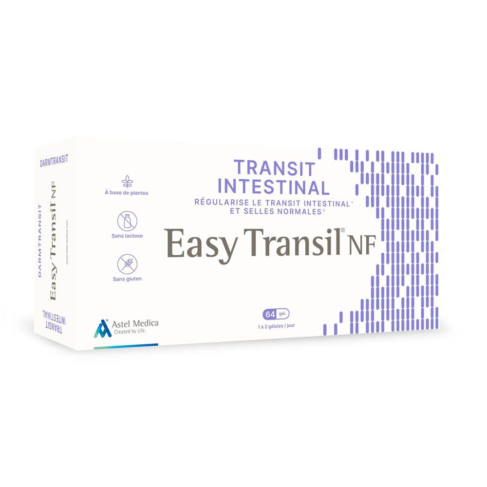 Boîte Easy Transil NF, 64 gélules, avec symboles végétal, sans lactose, sans gluten.