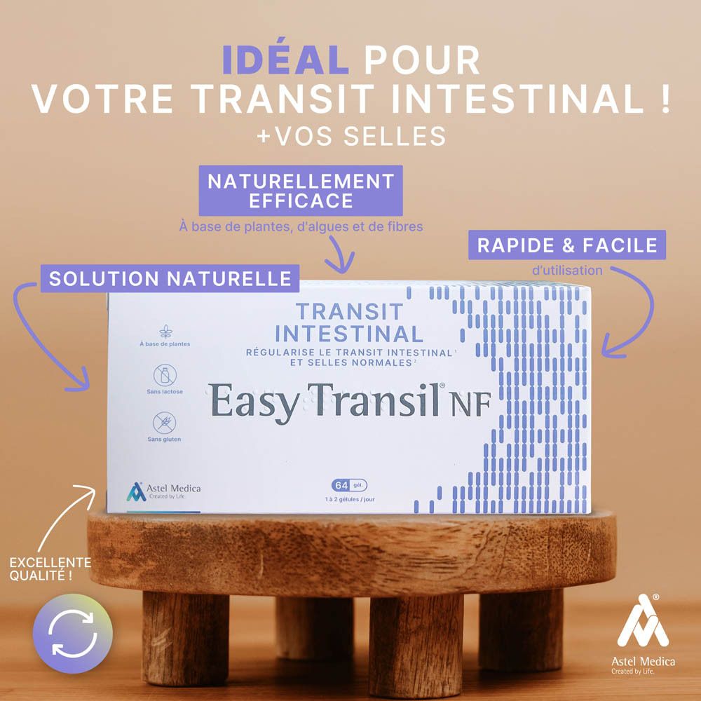Boîte Easy Transil NF, 64 gélules, avec symboles végétal, sans lactose, sans gluten.