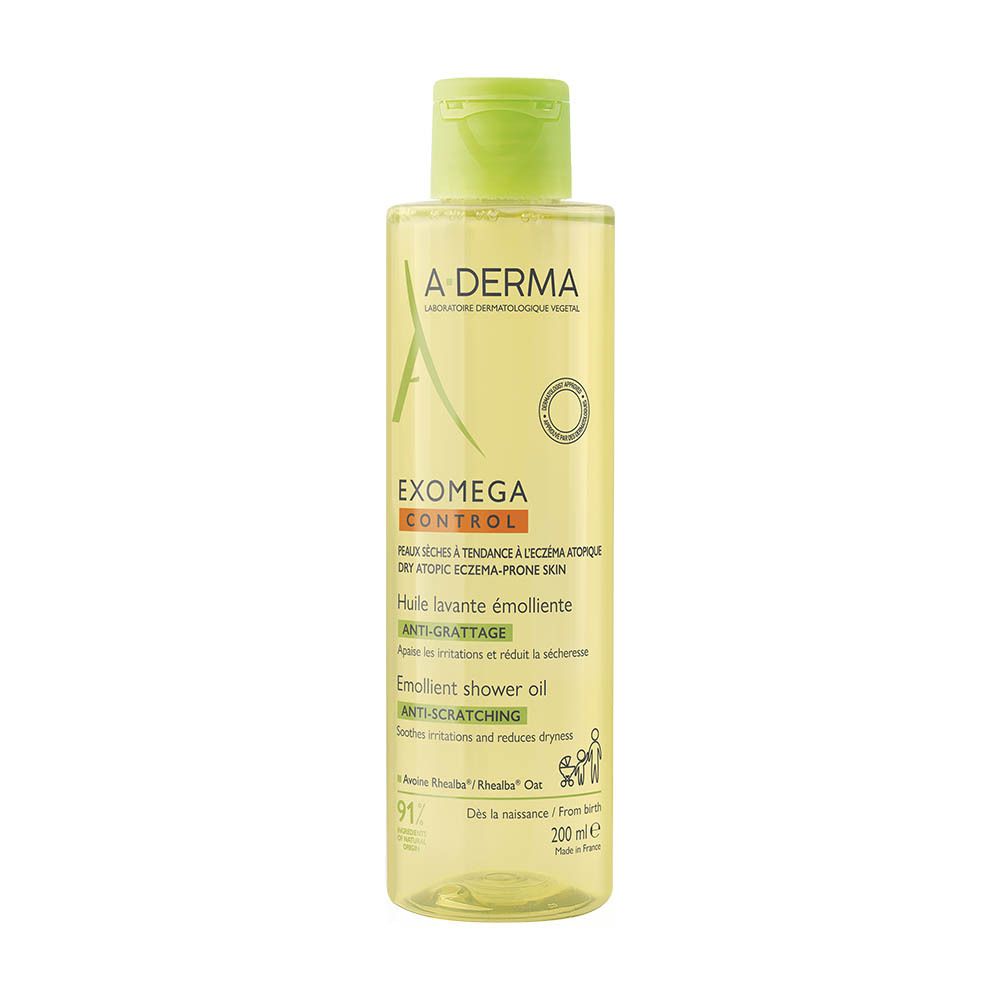 A-Derma Exomega Control. Fles gele doucheolie, groene dop. Tekst: Anti-jeuk.