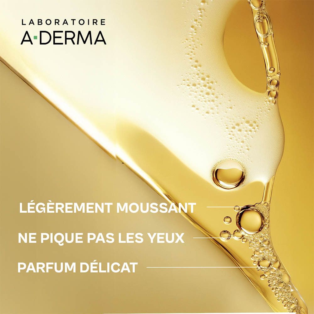 A-Derma Exomega Control. Dos du flacon avec texte et symboles.