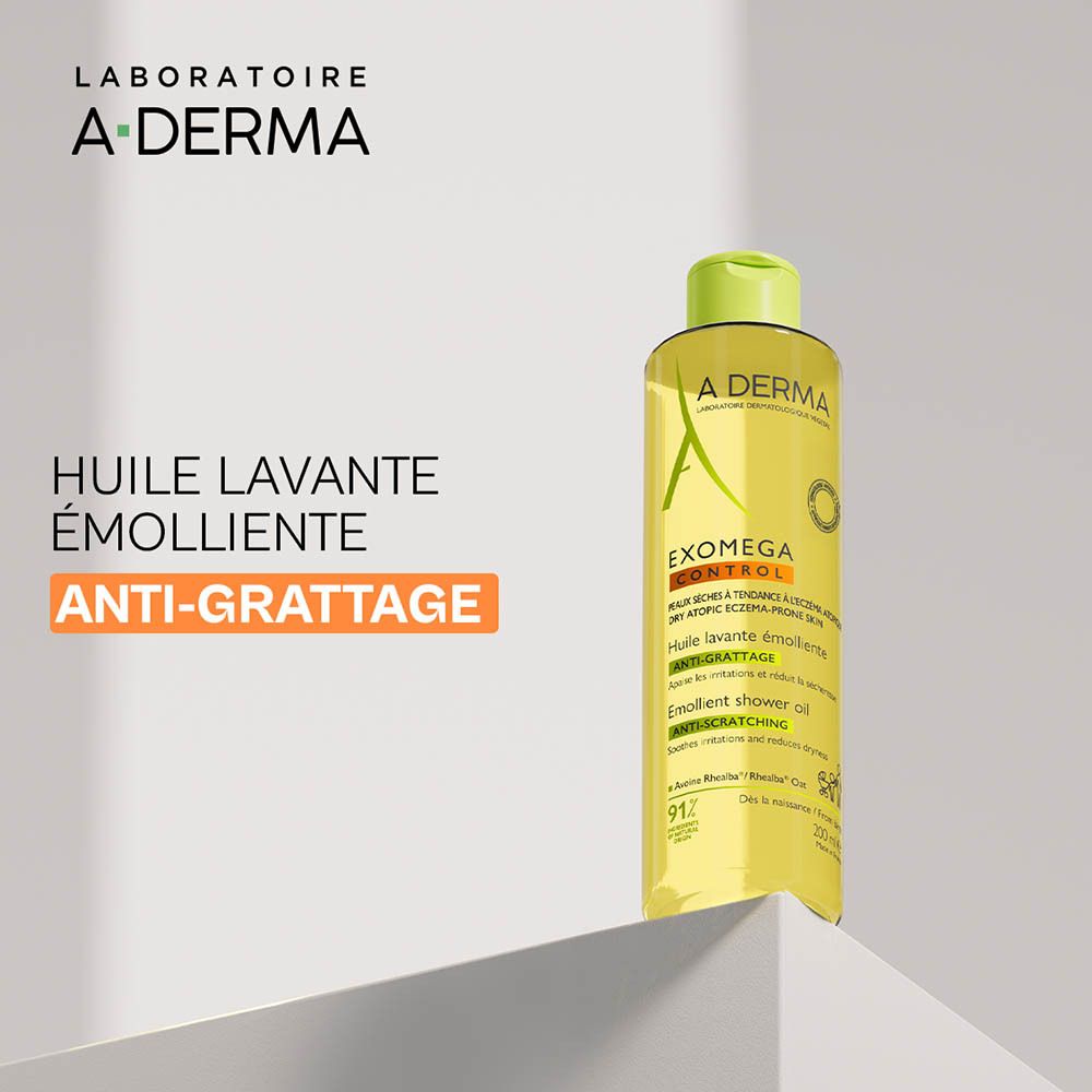 A-Derma Exomega Control. Flacon d'huile lavante jaune, bouchon vert. Texte : Anti-grattage.