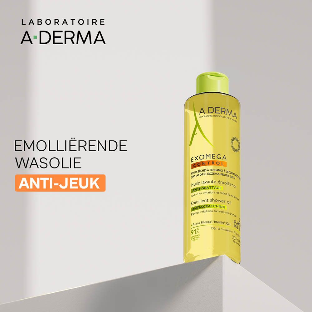 A-Derma Exomega Control. Fles gele doucheolie, groene dop. Tekst: Anti-jeuk.