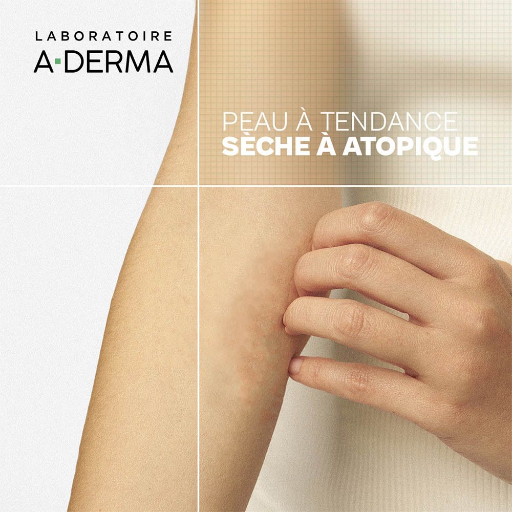 A-Derma Exomega Control. Dos du flacon avec texte et symboles.
