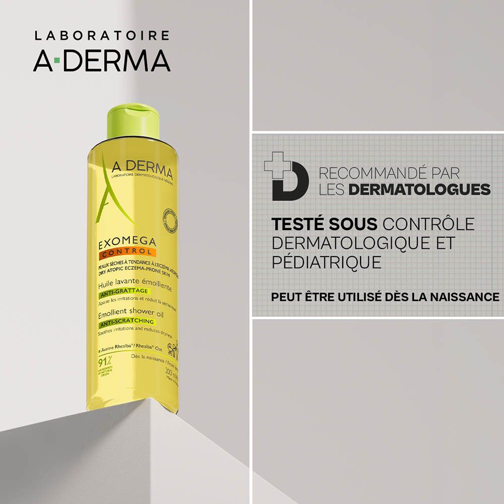 A-Derma. Flacon d'huile lavante jaune. Texte : Anti-grattage.