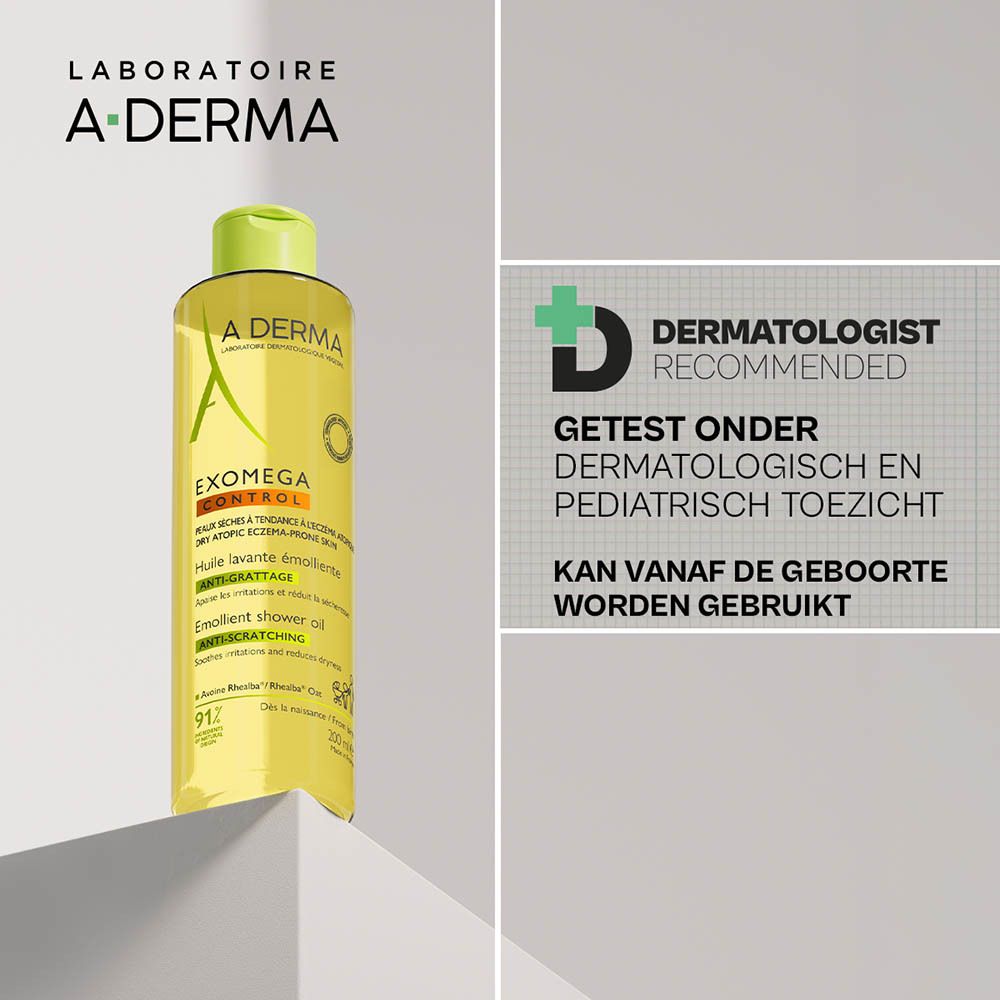 A-Derma. Fles gele doucheolie. Tekst: Anti-jeuk.