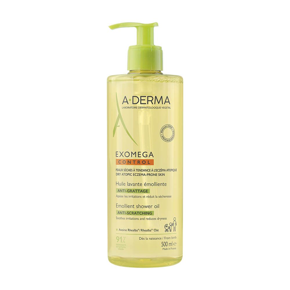 A-DERMA EXOMEGA CONTROL Doucheolie. Fles met pomp, gele vloeistof. Tekst.