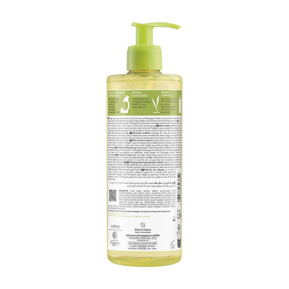 A-DERMA EXOMEGA CONTROL Doucheolie. Achterkant fles met tekst. Groen-geel.