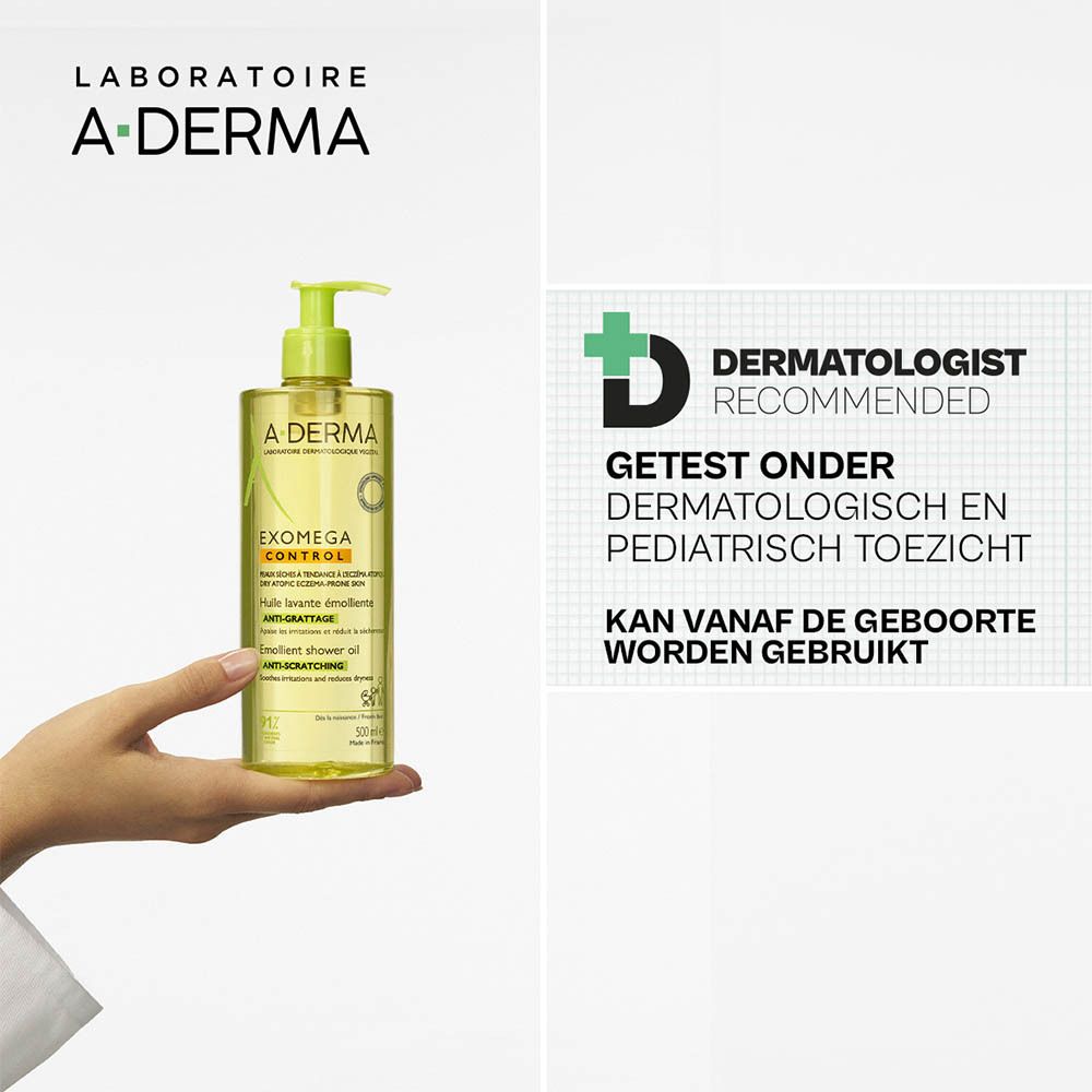 A-DERMA logo en doucheolie fles. Tekst: Emolliënt, anti-jeuk.