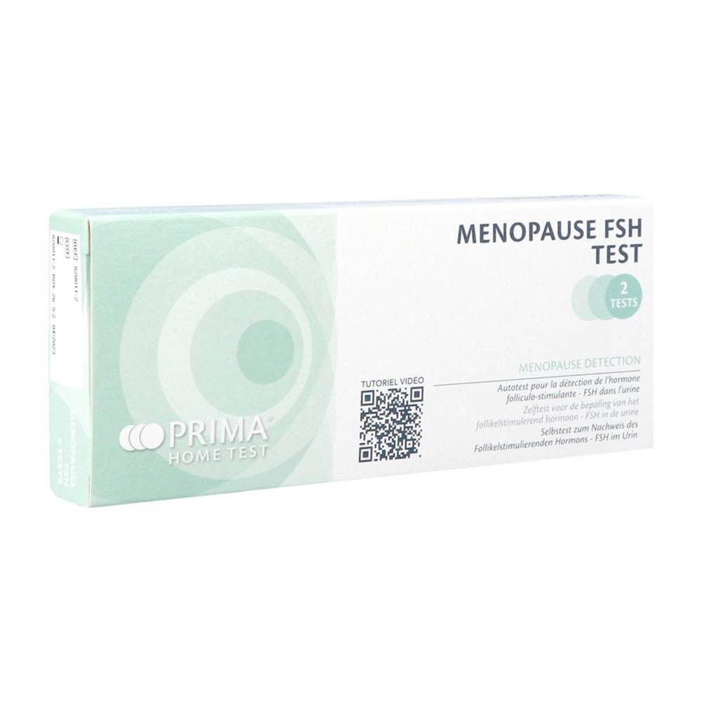 Verpakking Prima Home Test Menopause FSH. Bevat 2 tests. Opschrift: Menopause FSH Test.