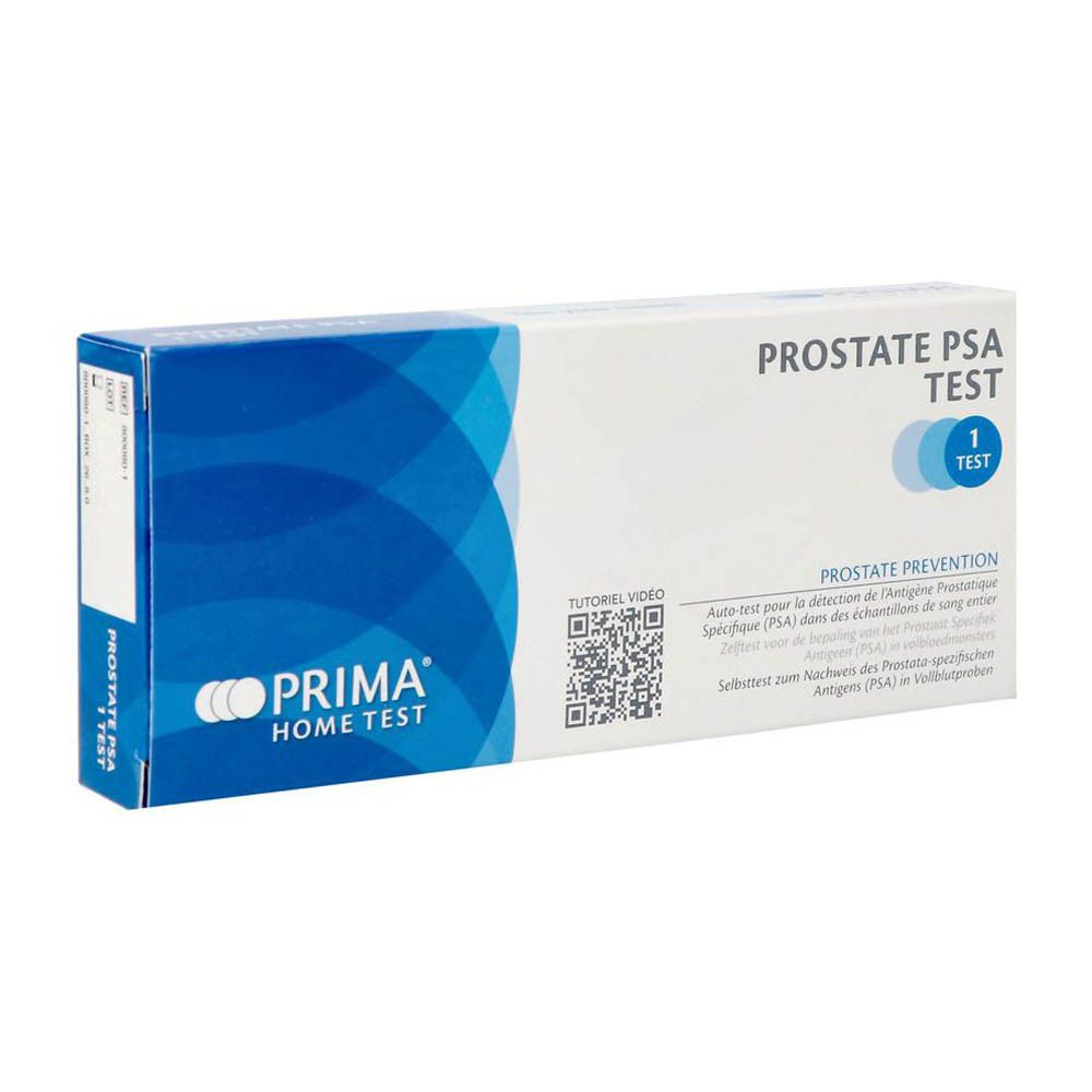 Verpakking van de Prima® Home Test Prostate PSA Test. Blauw-witte doos met productnaam en logo.