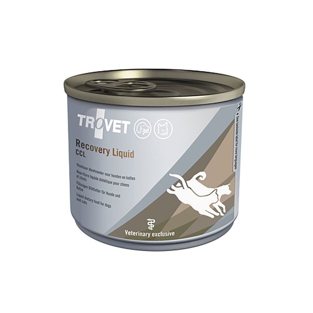 Cilindervormige blik met deksel. Opschrift: TROVET Recovery Liquid CCL. Afbeelding van een hond en een kat. "Veterinary exclusive".
