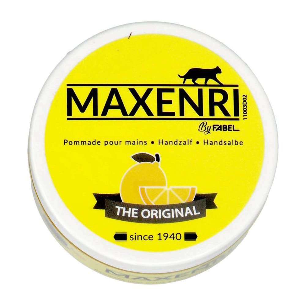 Couvercle jaune avec inscription MAXENRI, citron et chat. Texte: Pommade pour mains, Handzalf, Handsalbe. THE ORIGINAL since 1940.