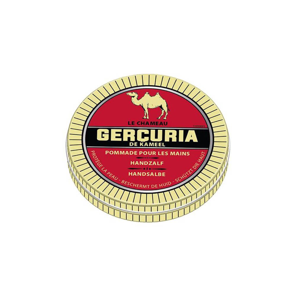 Boîte ronde rouge avec texte Gercuria, illustration de chameau, Pommade pour les Mains, Handzalf, Handsalbe.