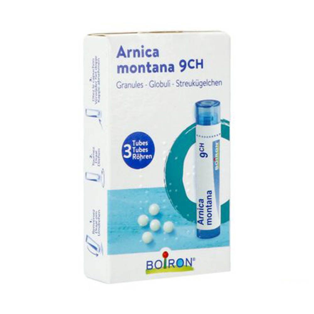 Boîte de Boiron Arnica montana 9CH. Contient 3 tubes de granules. Emballage bleu et blanc avec informations produit.