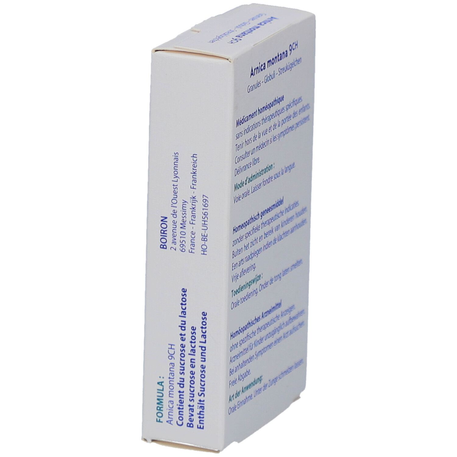 Zijkant doos Boiron Arnica montana 9CH. Meertalige tekst. Bevat productinformatie.