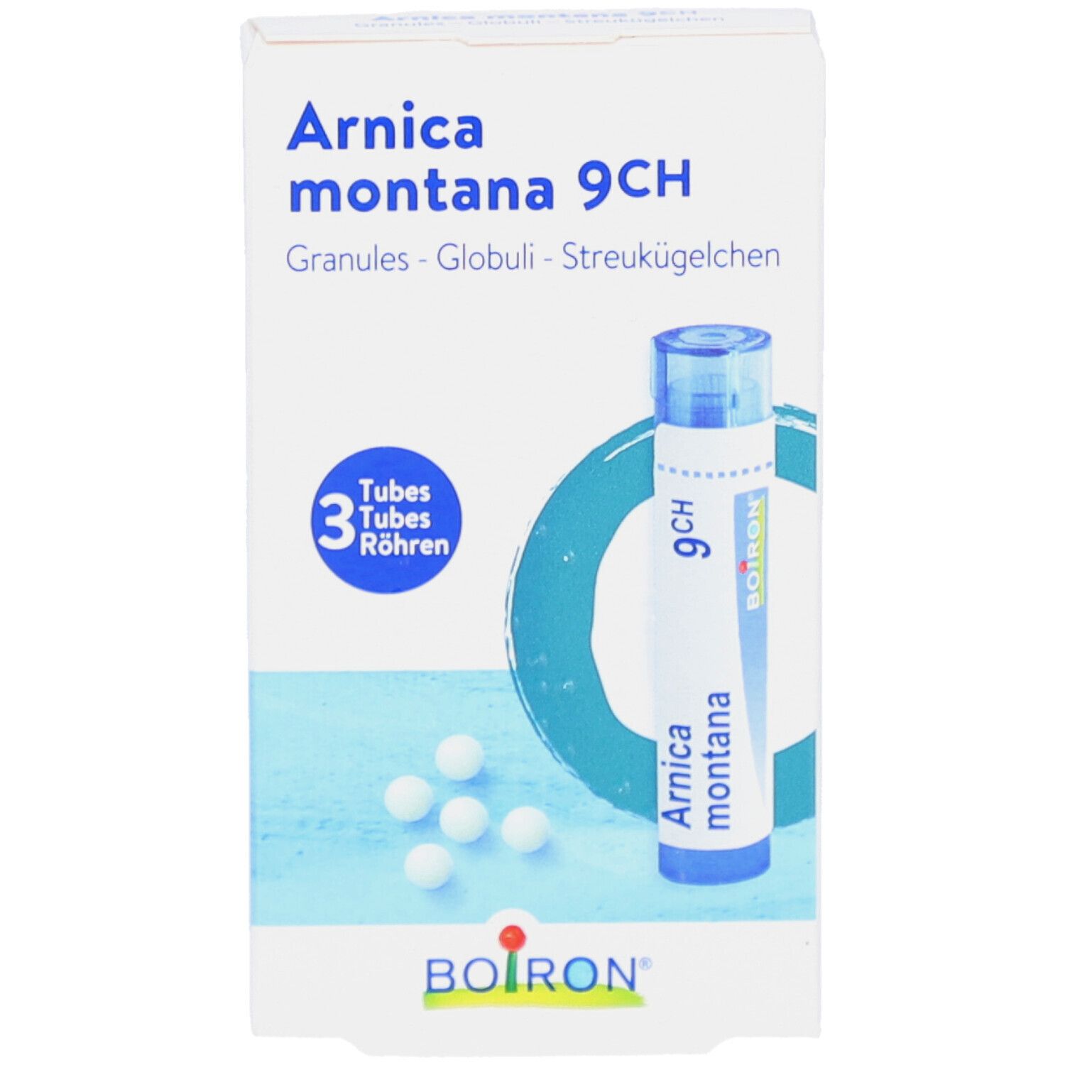 Doosje Boiron Arnica montana 9CH. Bevat 3 buisjes granules. Blauw-witte verpakking met productinformatie.