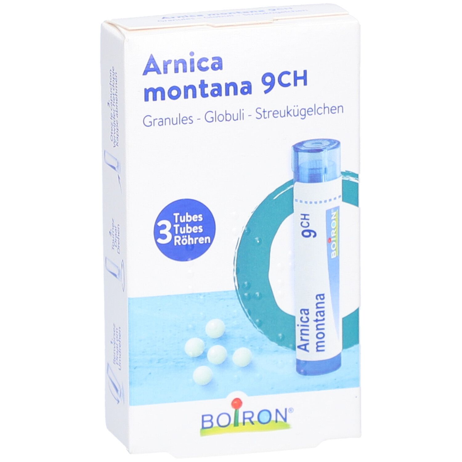 Doosje Boiron Arnica montana 9CH. Bevat 3 buisjes granules. Blauw-witte verpakking met productinformatie.