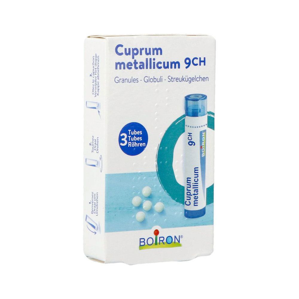 Boîte Cuprum metallicum 9CH, Boiron. Instructions: tourner, ouvrir, prélever. 3 tubes de granules.