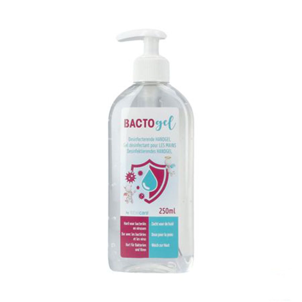 Flacon transparent avec pompe. Inscription BACTOgel. Étiquette avec motif bouclier et texte. 250ml.