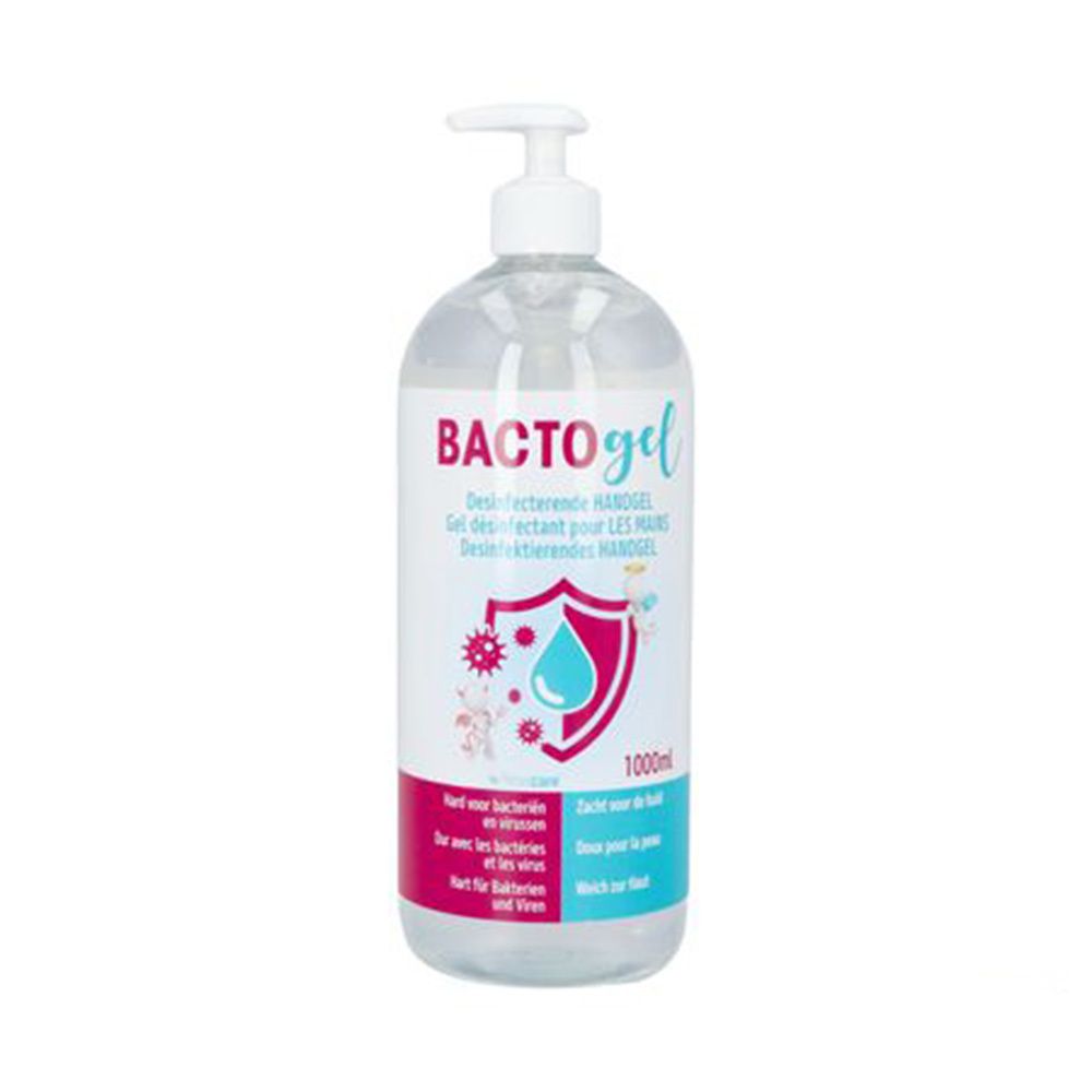 Flacon transparent avec pompe. Inscription Bactogel, gel désinfectant pour les mains. 1000ml.