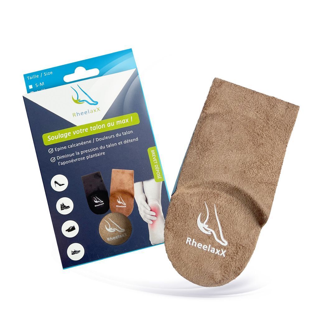 Produit et emballage Rheelaxx Stop Douleur au talon. Semelle marron. Inscriptions : Rheelaxx, logo.