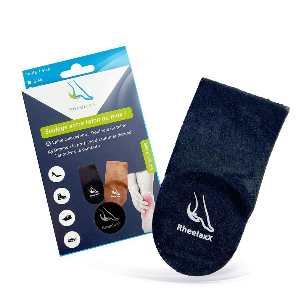 Coussinet noir avec logo Rheelaxx blanc. Emballage avec coussinets et illustrations. Taille S-M.