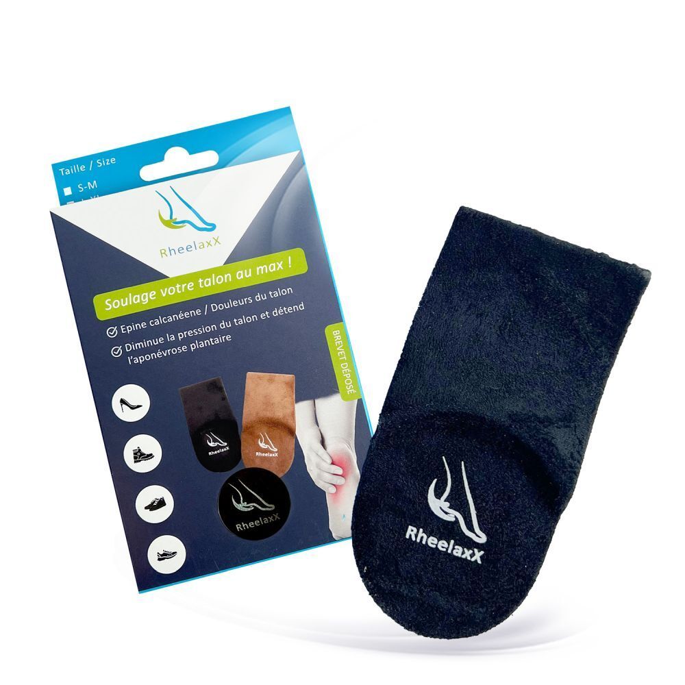 Boîte Rheelaxx Stop Douleur au talon S-M Noir et une semelle noire. Inscriptions: Rheelaxx, Stop. Taille S-M.