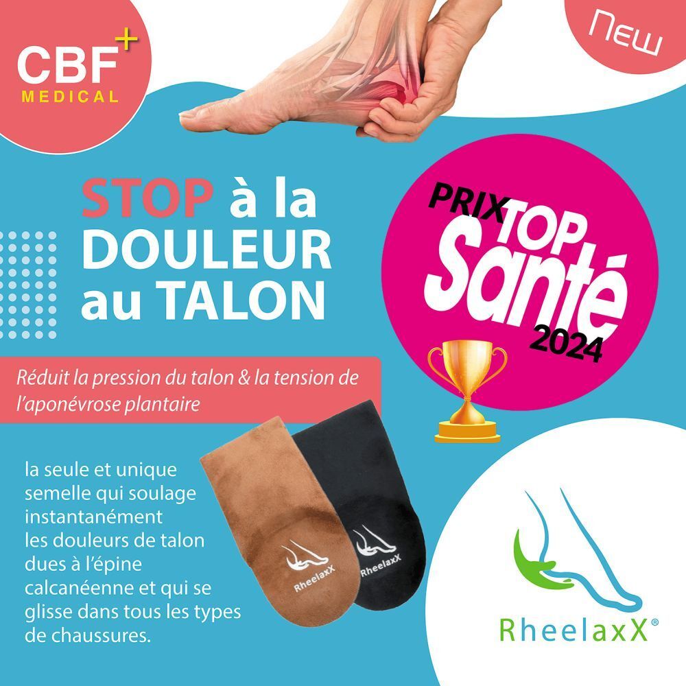 Visuel publicitaire: Rheelaxx Stop Douleur au talon. Deux semelles, marron et noir. Inscriptions: Rheelaxx, Prix Top Santé 2024.