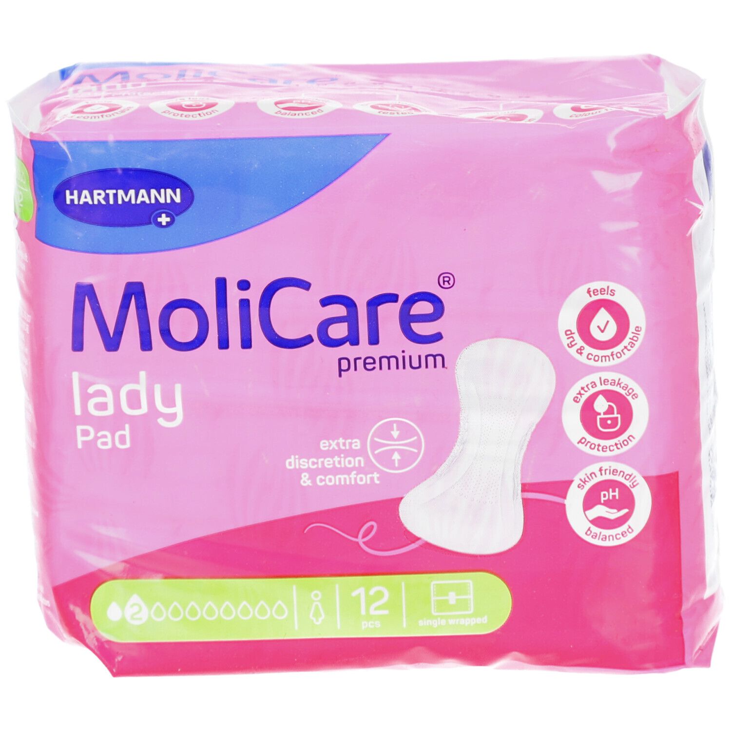 Paquet MoliCare lady Pad rose. Marque Hartmann. 12 unités. Caractéristiques du produit et logo.