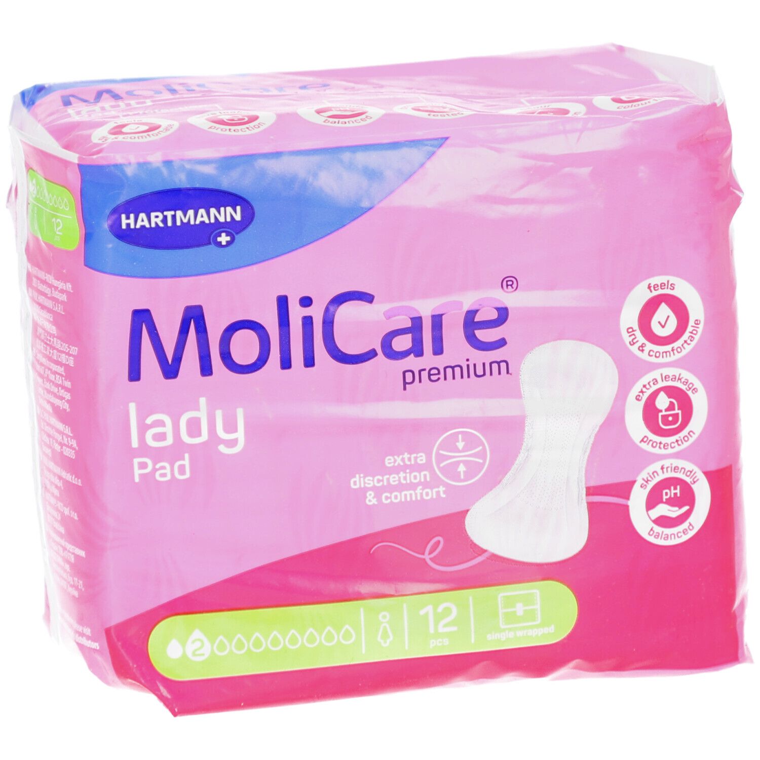 Paquet MoliCare lady Pad rose. Marque Hartmann. 12 unités. Caractéristiques du produit et logo.
