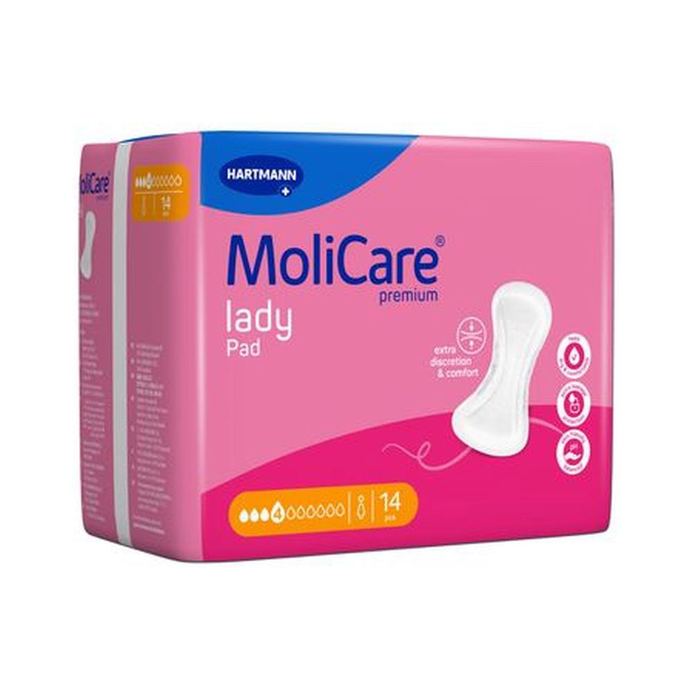Emballage rose Hartmann MoliCare lady Pad. 14 pièces. Inscriptions : discrétion & confort, pH neutre pour la peau.