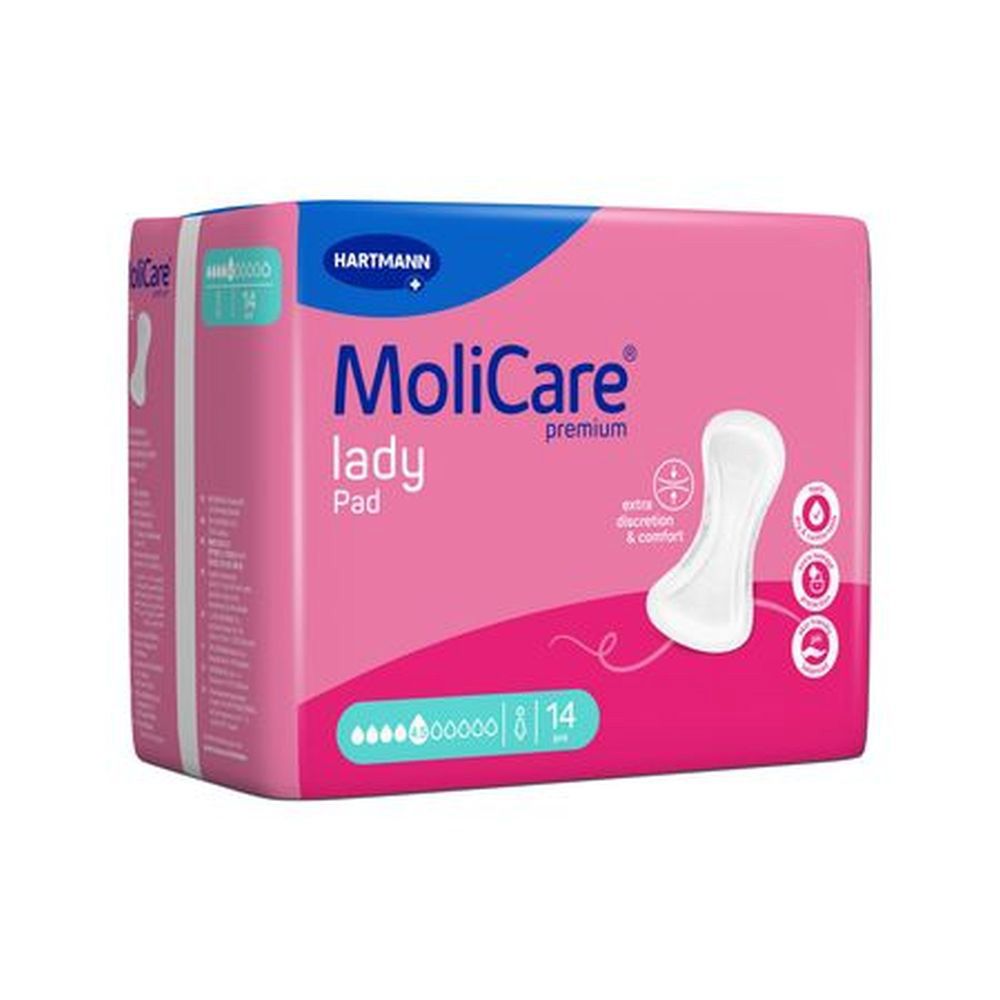 Paquet rose de MoliCare Lady Pad. Image, texte et logos. 14 unités.