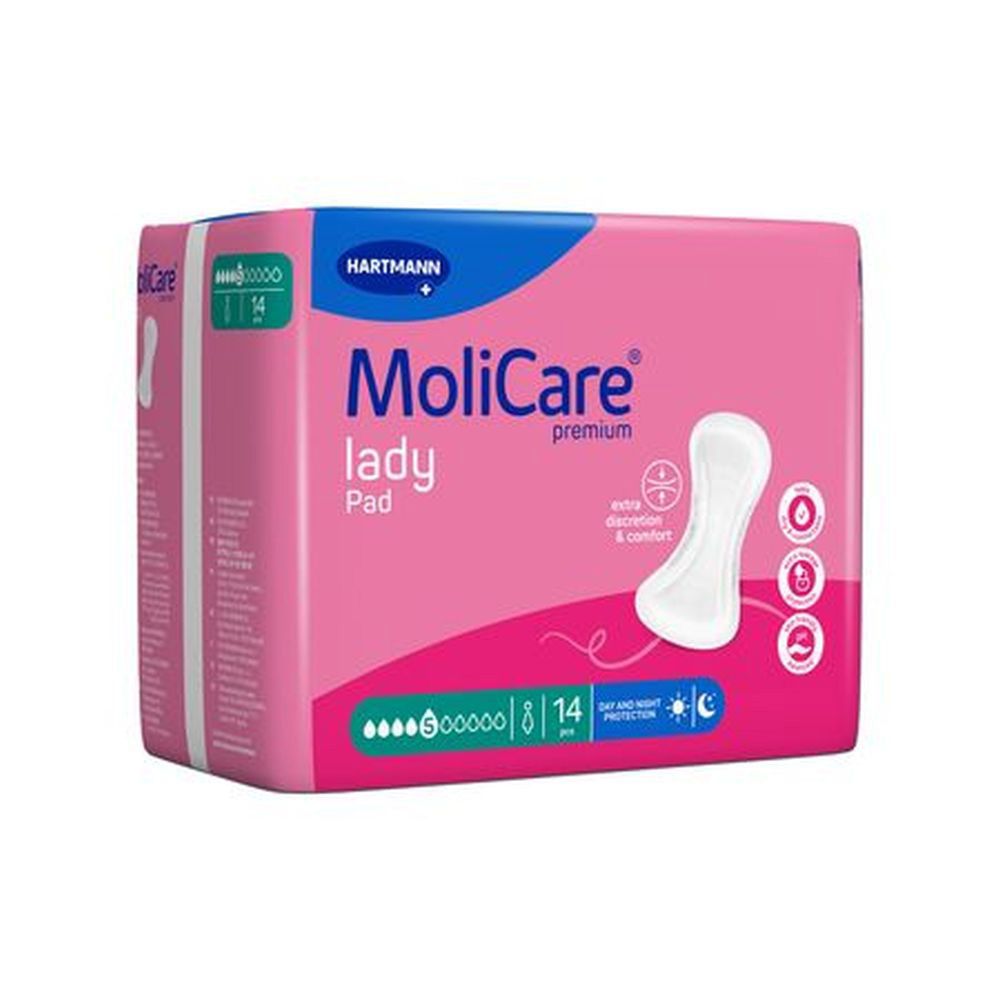Roze verpakking MoliCare lady Pad. 14 stuks. Hartmann logo. Productafbeelding. Extra discretie & comfort.