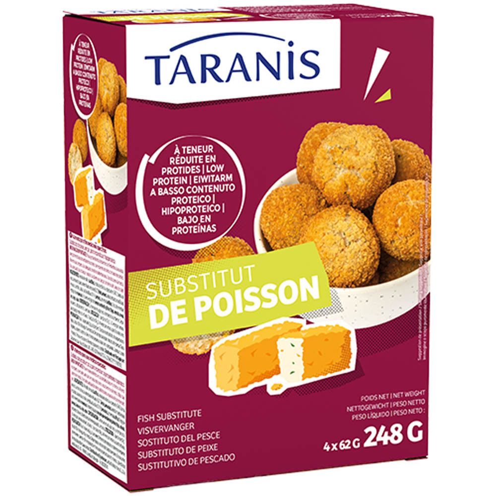 Verpakking van Taranis visvervanger. Afbeelding van stukken vervanger en een kom met gefrituurde balletjes. Tekst: Substitut de Poisson.