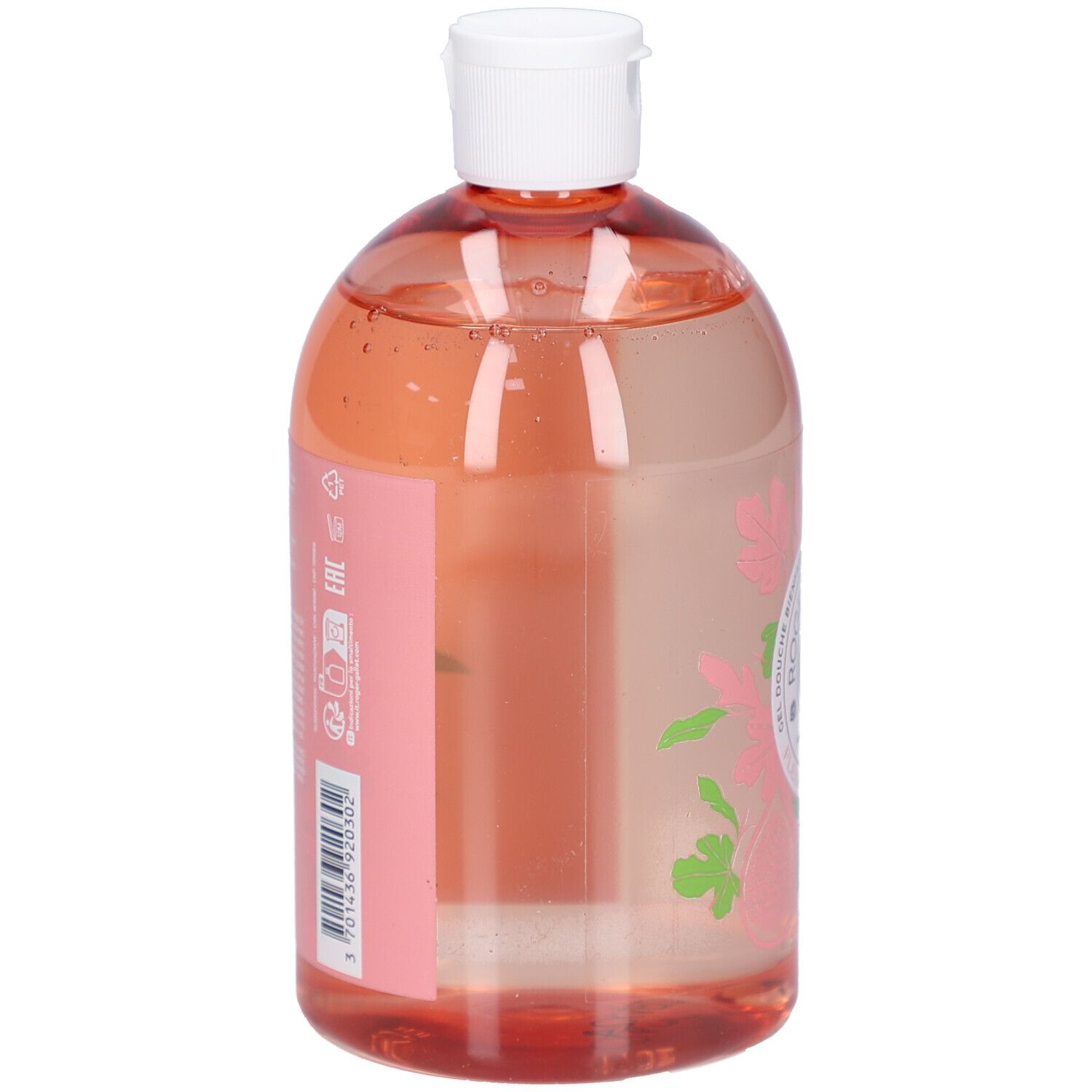 Achterkant van de fles douchegel. Roze vloeistof. Opschriften en barcode op roze etiket.