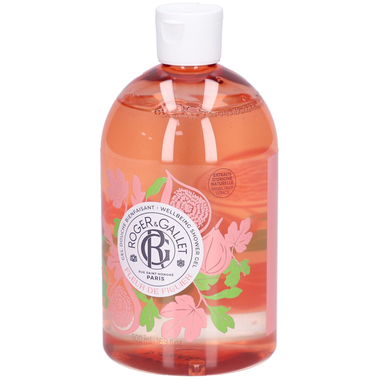 Fles douchegel. Roze vloeistof, witte dop. Opschrift: Roger&Gallet, Fleur de Figuier. Illustratie van vijgen.