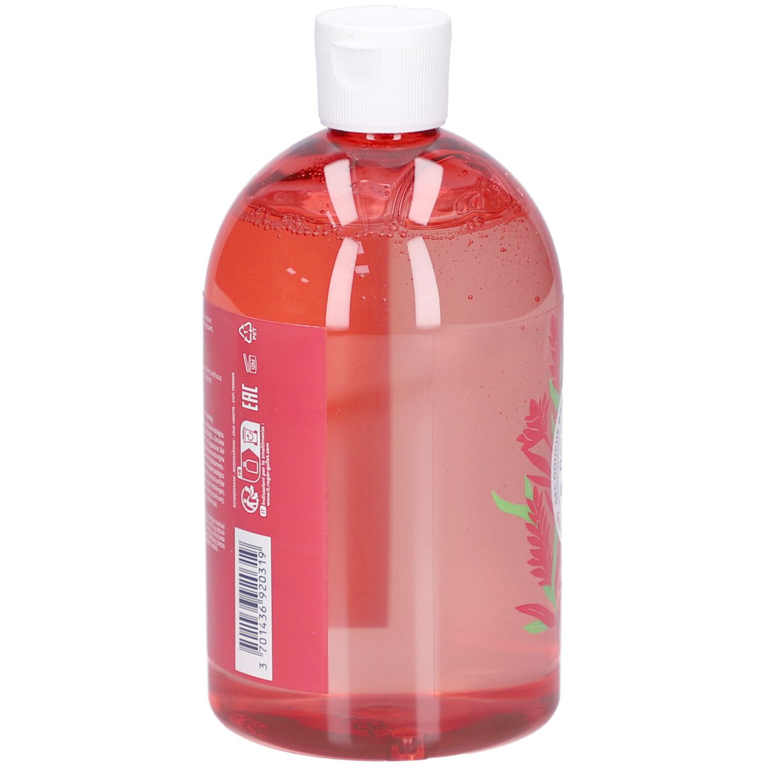 Achterkant van de fles. Rode vloeistof. Etiket met tekst en barcode. EAN-code.