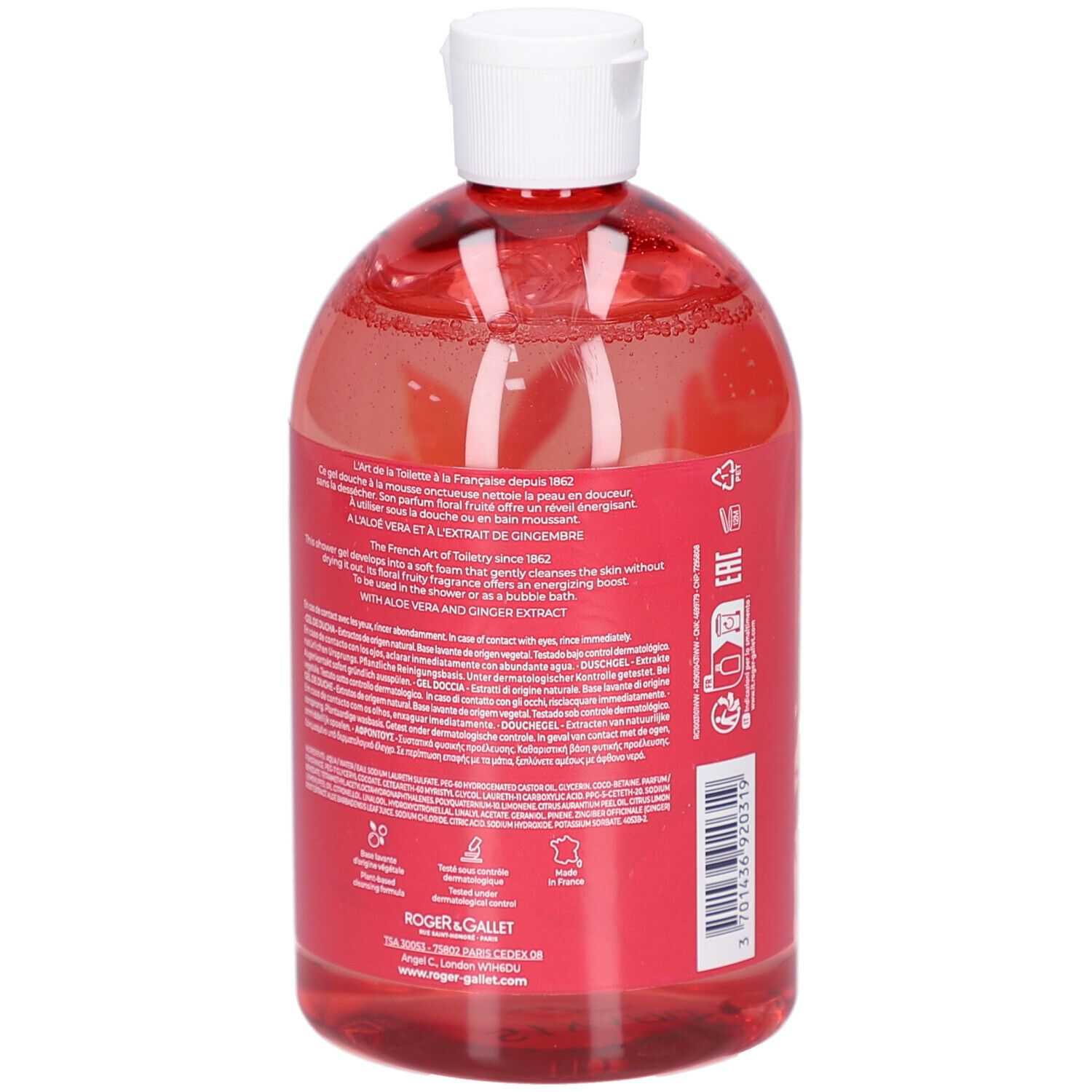 Achterkant van de fles. Rode vloeistof. Tekst op etiket. EAN-code. Recyclingsymbolen.