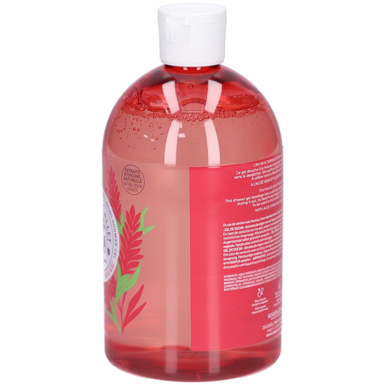 Achterkant van de fles. Rode vloeistof. Tekst op etiket. Bloemenmotief. Recyclingsymbolen.