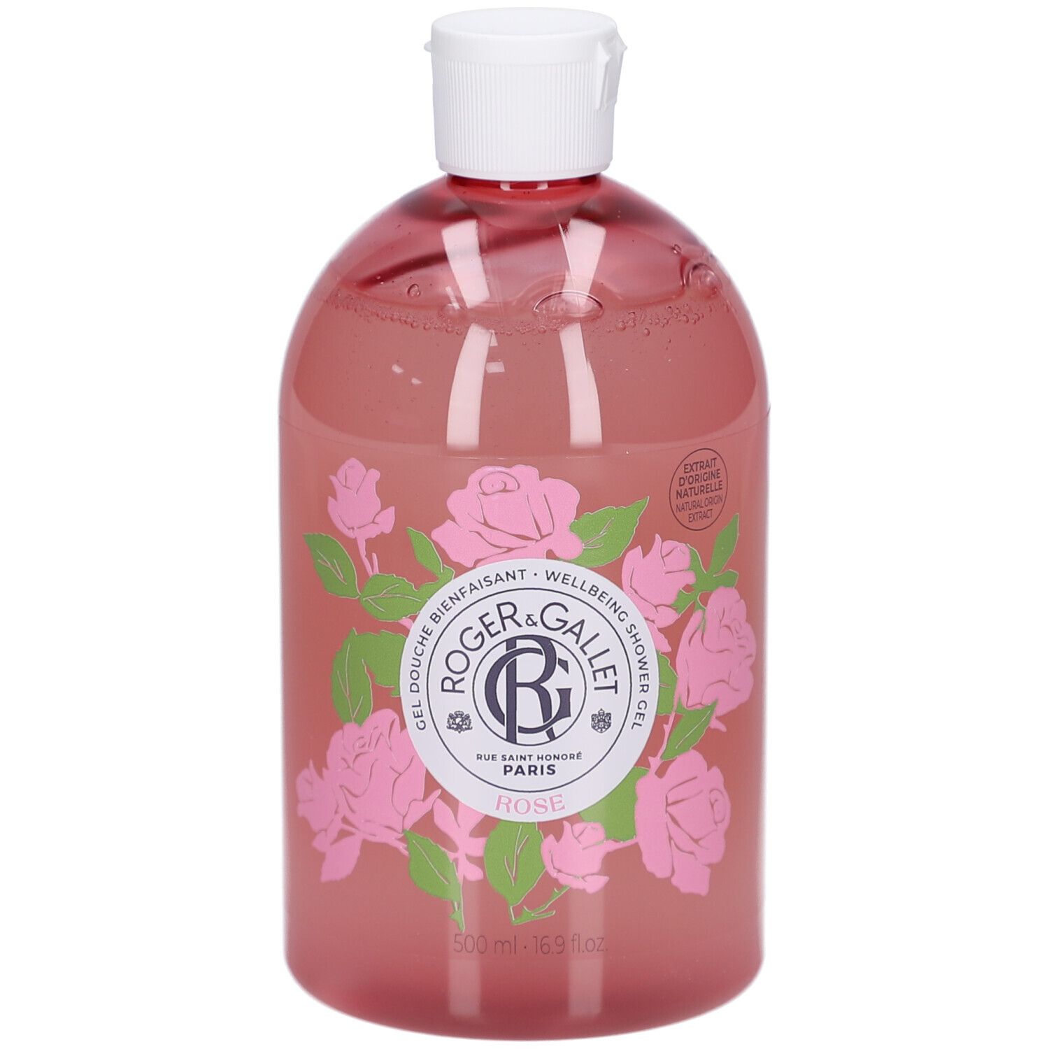 Roze douchegel met witte dop. Opschrift: Roger&Gallet, Rose. Rozen decoratie. 500 ml.