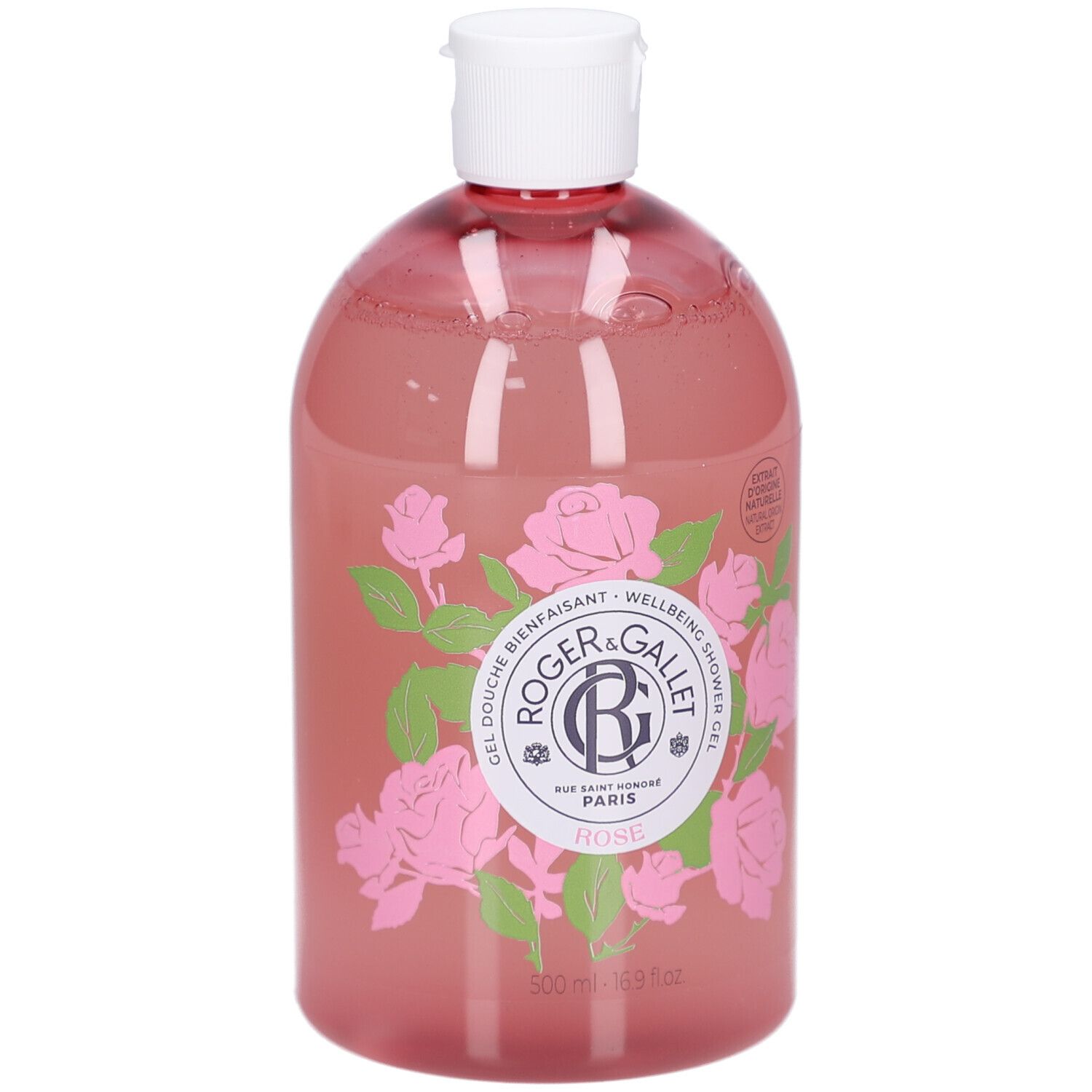 Roze douchegel met witte dop. Opschrift: Roger&Gallet, Rose. Rozen decoratie. 500 ml.